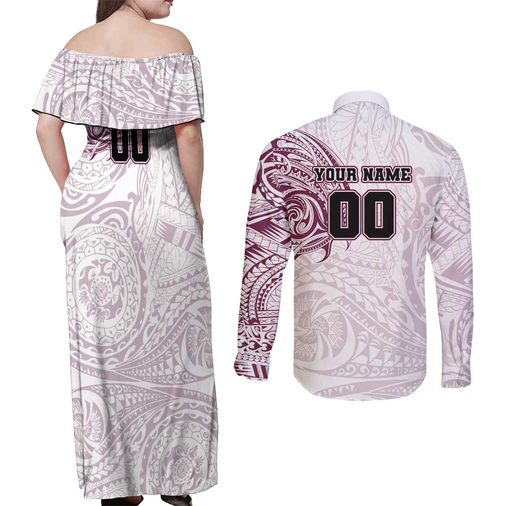 Personalized Manly Warringah Sea Eagles Couples Matching Off Shoulder Maxi Dress and Long Sleeve Button Shirt Polynesian Tribal Chest and Sleeve Tattoo