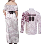 Personalized Manly Warringah Sea Eagles Couples Matching Off Shoulder Maxi Dress and Long Sleeve Button Shirt Polynesian Tribal Chest and Sleeve Tattoo