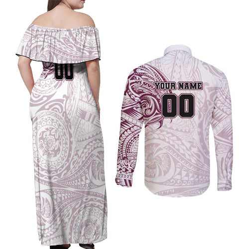 Personalized Manly Warringah Sea Eagles Couples Matching Off Shoulder Maxi Dress and Long Sleeve Button Shirt Polynesian Tribal Chest and Sleeve Tattoo