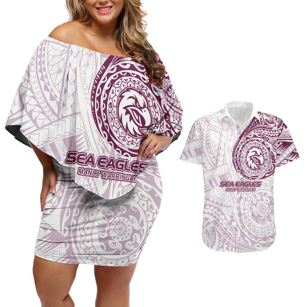 Personalized Manly Warringah Sea Eagles Couples Matching Off Shoulder Short Dress and Hawaiian Shirt Polynesian Tribal Chest and Sleeve Tattoo