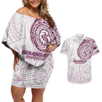 Personalized Manly Warringah Sea Eagles Couples Matching Off Shoulder Short Dress and Hawaiian Shirt Polynesian Tribal Chest and Sleeve Tattoo