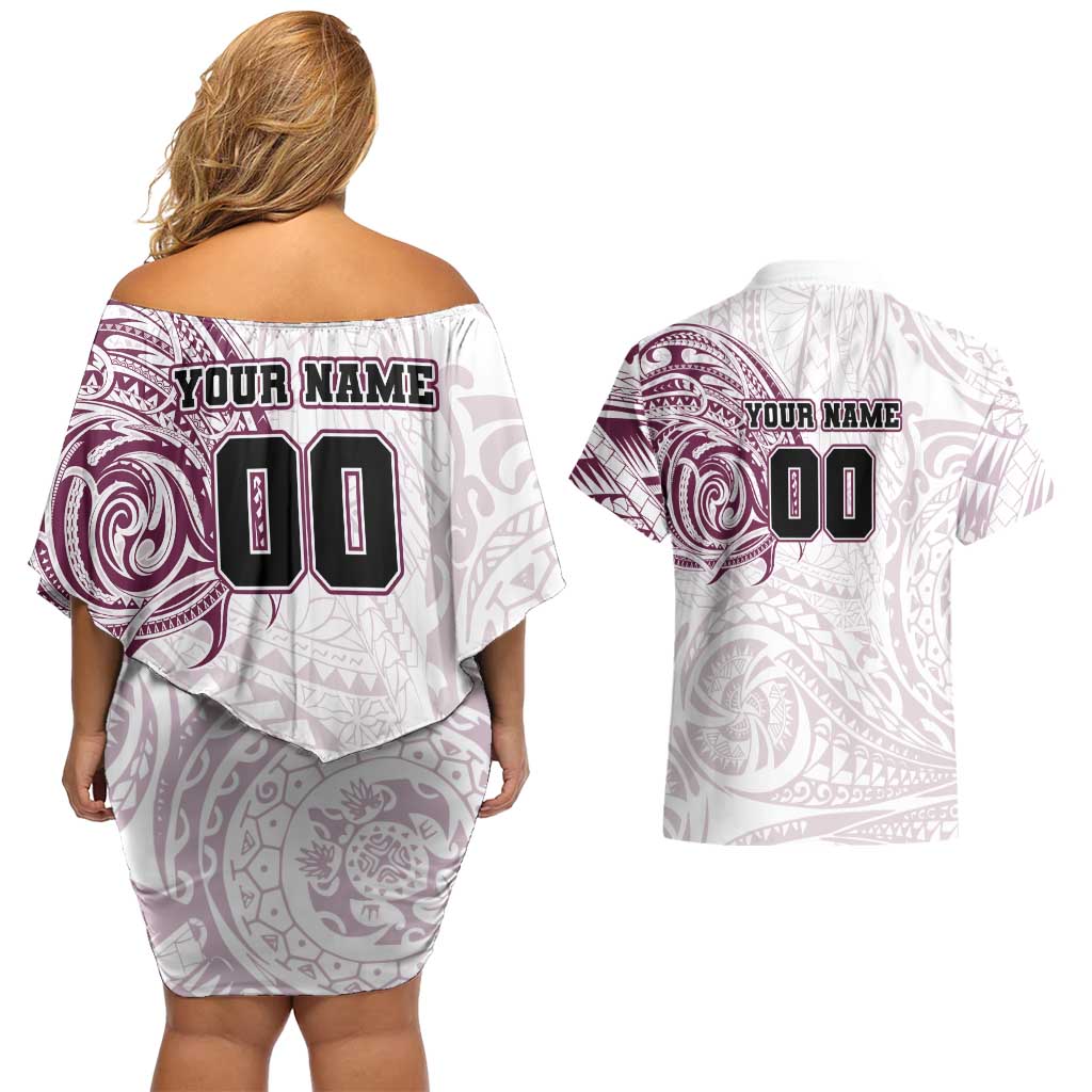 Personalized Manly Warringah Sea Eagles Couples Matching Off Shoulder Short Dress and Hawaiian Shirt Polynesian Tribal Chest and Sleeve Tattoo