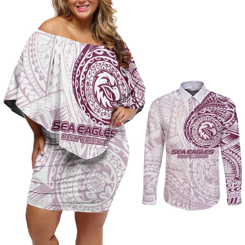 Personalized Manly Warringah Sea Eagles Couples Matching Off Shoulder Short Dress and Long Sleeve Button Shirt Polynesian Tribal Chest and Sleeve Tattoo