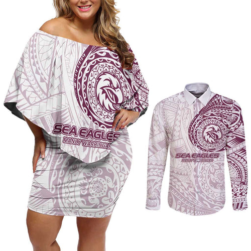 Personalized Manly Warringah Sea Eagles Couples Matching Off Shoulder Short Dress and Long Sleeve Button Shirt Polynesian Tribal Chest and Sleeve Tattoo