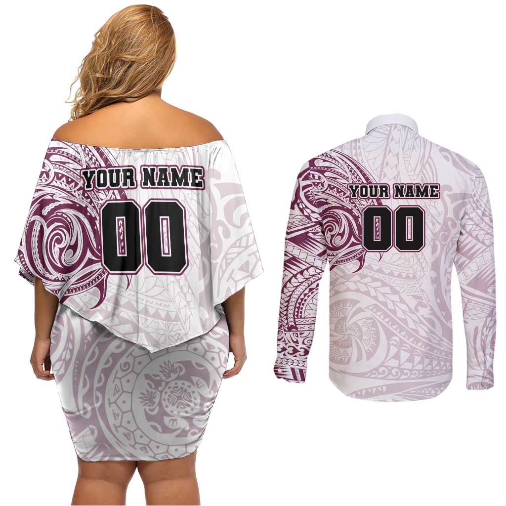 Personalized Manly Warringah Sea Eagles Couples Matching Off Shoulder Short Dress and Long Sleeve Button Shirt Polynesian Tribal Chest and Sleeve Tattoo