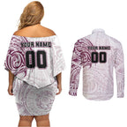 Personalized Manly Warringah Sea Eagles Couples Matching Off Shoulder Short Dress and Long Sleeve Button Shirt Polynesian Tribal Chest and Sleeve Tattoo