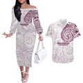 Personalized Manly Warringah Sea Eagles Couples Matching Off The Shoulder Long Sleeve Dress and Hawaiian Shirt Polynesian Tribal Chest and Sleeve Tattoo