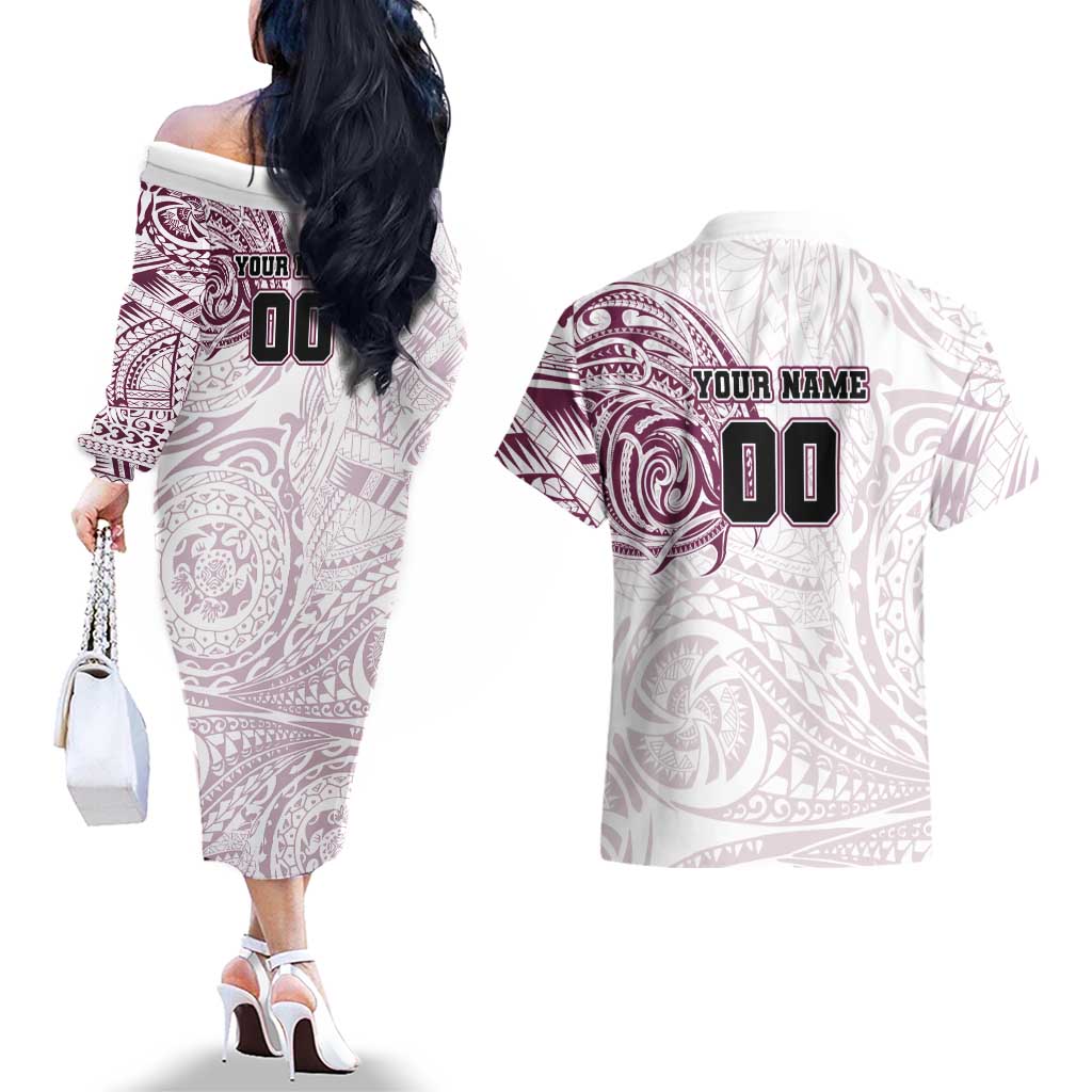 Personalized Manly Warringah Sea Eagles Couples Matching Off The Shoulder Long Sleeve Dress and Hawaiian Shirt Polynesian Tribal Chest and Sleeve Tattoo