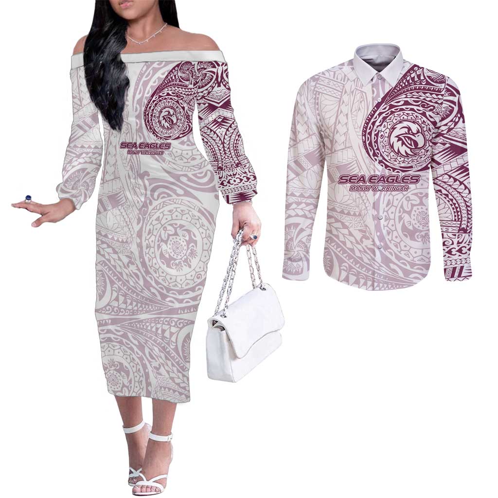 Personalized Manly Warringah Sea Eagles Couples Matching Off The Shoulder Long Sleeve Dress and Long Sleeve Button Shirt Polynesian Tribal Chest and Sleeve Tattoo