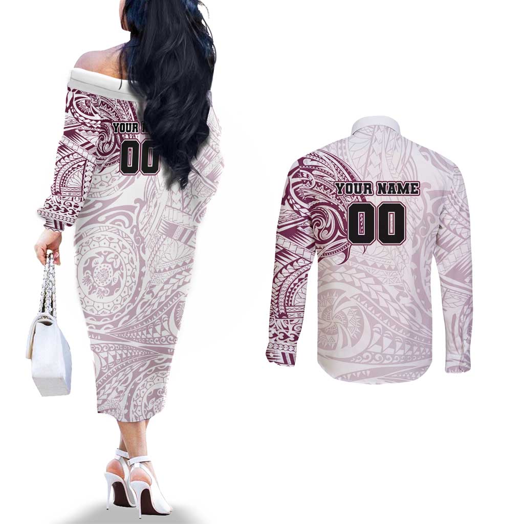 Personalized Manly Warringah Sea Eagles Couples Matching Off The Shoulder Long Sleeve Dress and Long Sleeve Button Shirt Polynesian Tribal Chest and Sleeve Tattoo