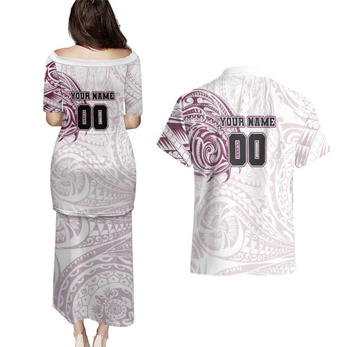 Personalized Manly Warringah Sea Eagles Couples Matching Puletasi and Hawaiian Shirt Polynesian Tribal Chest and Sleeve Tattoo