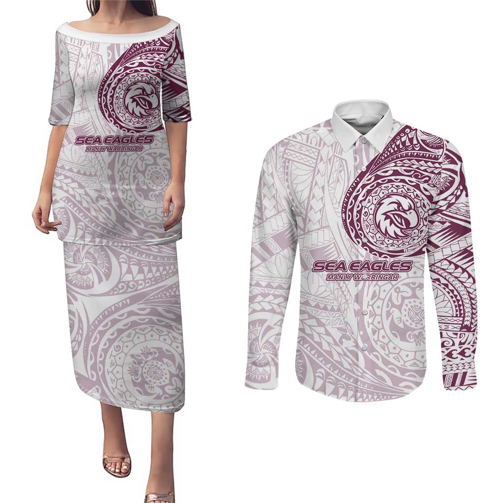 Personalized Manly Warringah Sea Eagles Couples Matching Puletasi and Long Sleeve Button Shirt Polynesian Tribal Chest and Sleeve Tattoo