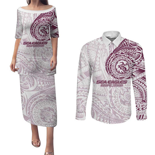 Personalized Manly Warringah Sea Eagles Couples Matching Puletasi and Long Sleeve Button Shirt Polynesian Tribal Chest and Sleeve Tattoo