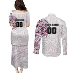 Personalized Manly Warringah Sea Eagles Couples Matching Puletasi and Long Sleeve Button Shirt Polynesian Tribal Chest and Sleeve Tattoo