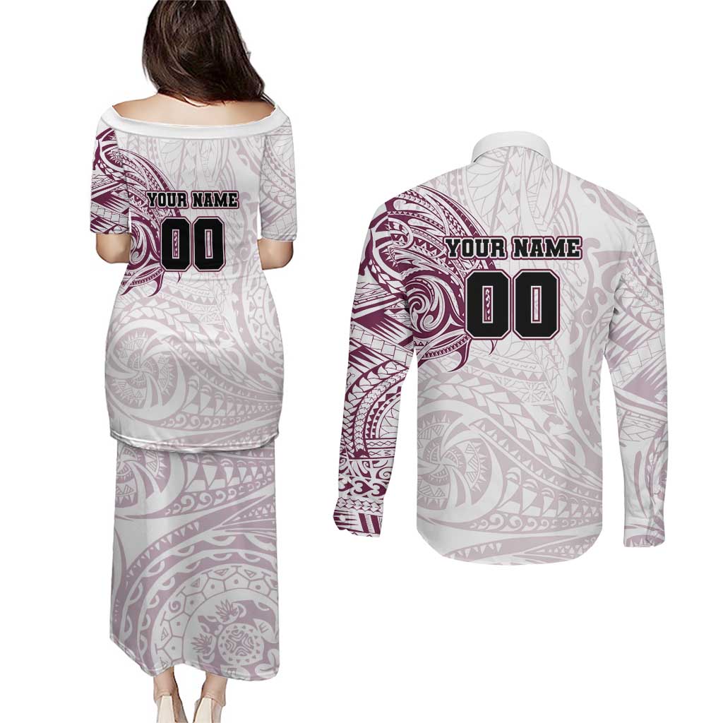 Personalized Manly Warringah Sea Eagles Couples Matching Puletasi and Long Sleeve Button Shirt Polynesian Tribal Chest and Sleeve Tattoo