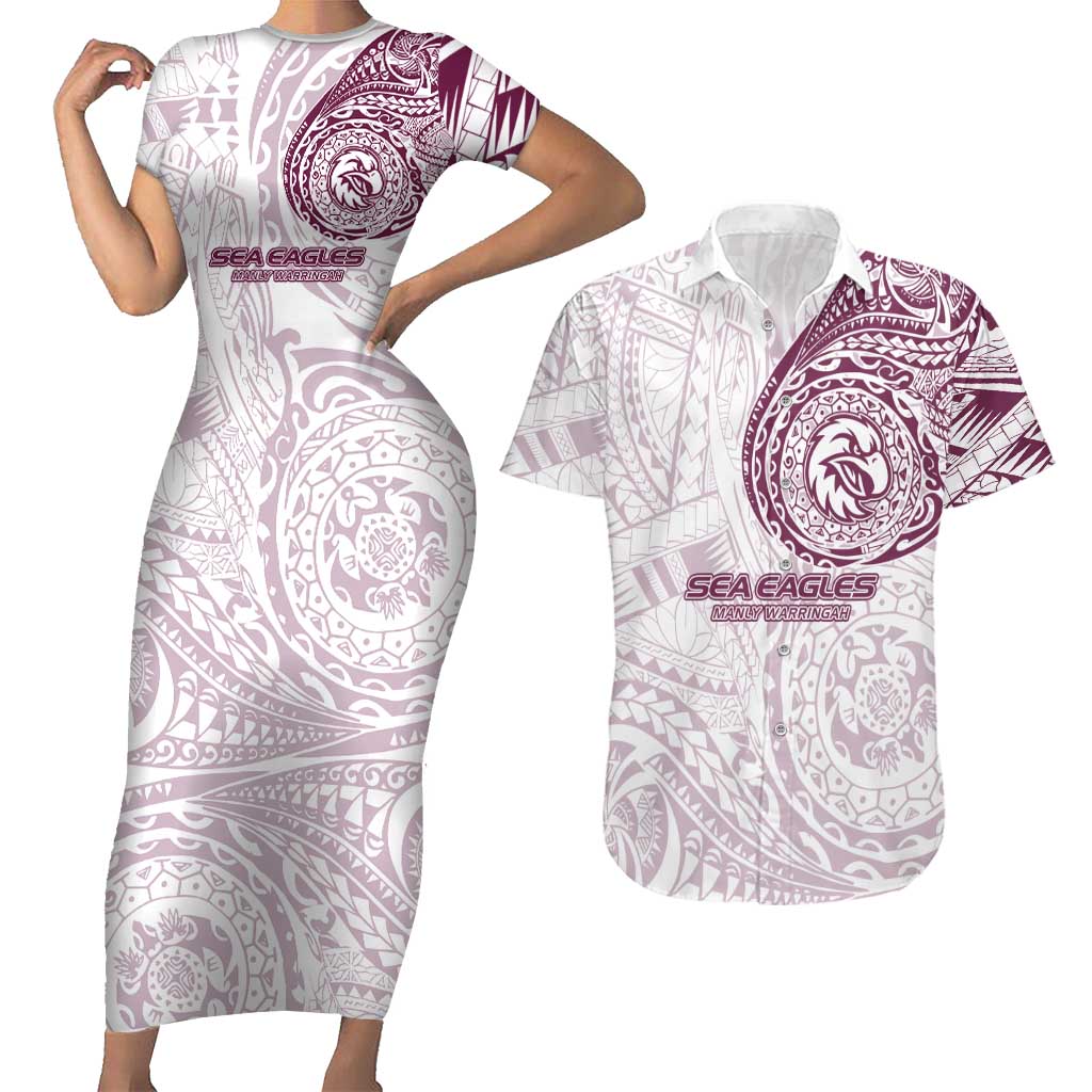 Personalized Manly Warringah Sea Eagles Couples Matching Short Sleeve Bodycon Dress and Hawaiian Shirt Polynesian Tribal Chest and Sleeve Tattoo