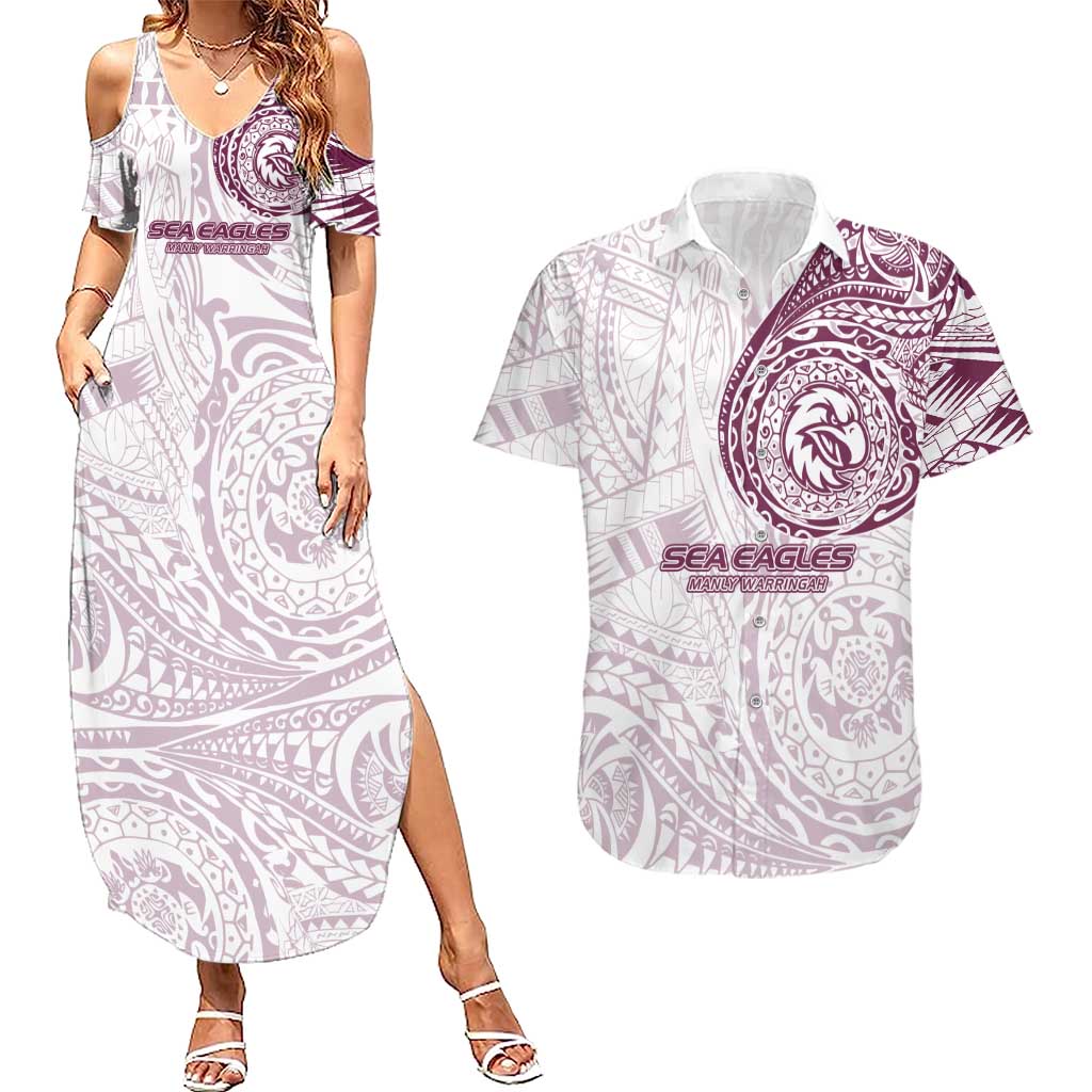 Personalized Manly Warringah Sea Eagles Couples Matching Summer Maxi Dress and Hawaiian Shirt Polynesian Tribal Chest and Sleeve Tattoo