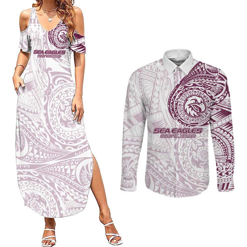 Personalized Manly Warringah Sea Eagles Couples Matching Summer Maxi Dress and Long Sleeve Button Shirt Polynesian Tribal Chest and Sleeve Tattoo
