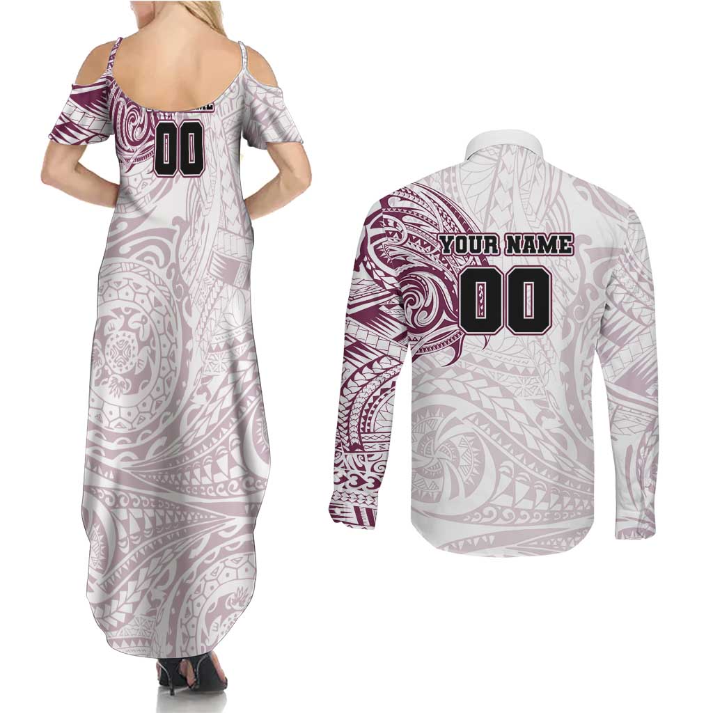 Personalized Manly Warringah Sea Eagles Couples Matching Summer Maxi Dress and Long Sleeve Button Shirt Polynesian Tribal Chest and Sleeve Tattoo