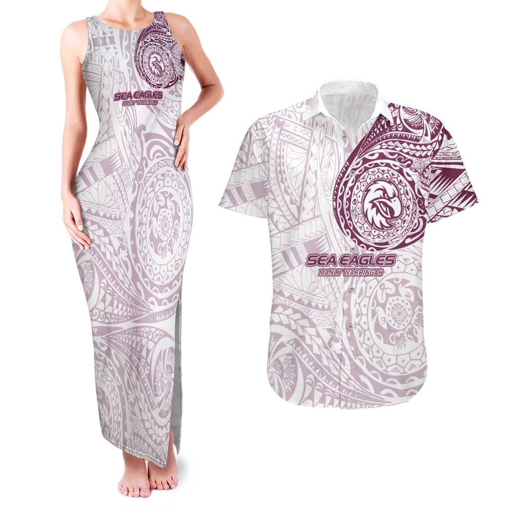 Personalized Manly Warringah Sea Eagles Couples Matching Tank Maxi Dress and Hawaiian Shirt Polynesian Tribal Chest and Sleeve Tattoo