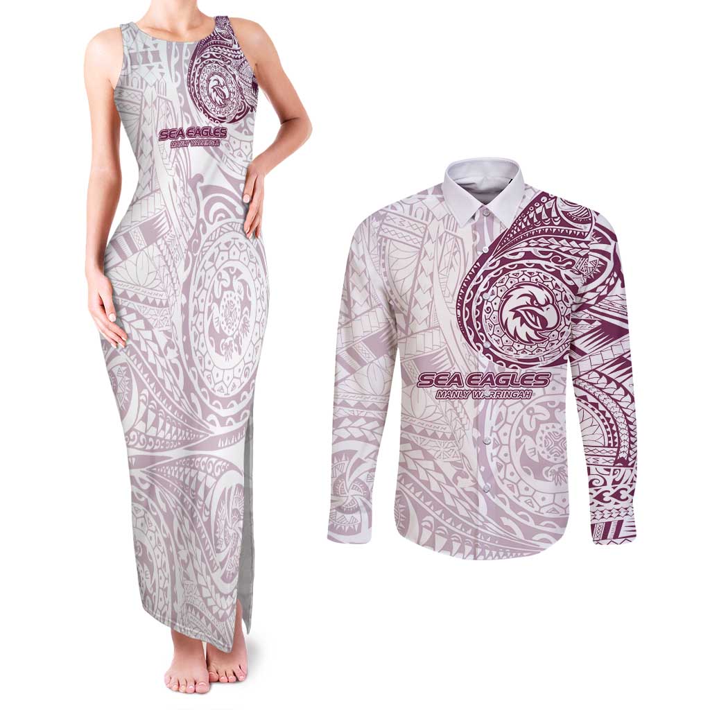 Personalized Manly Warringah Sea Eagles Couples Matching Tank Maxi Dress and Long Sleeve Button Shirt Polynesian Tribal Chest and Sleeve Tattoo