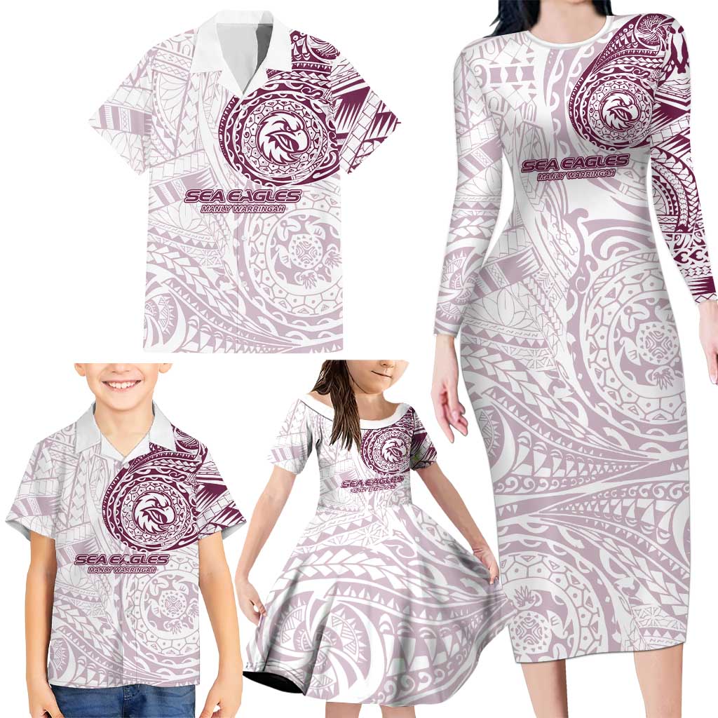 Personalized Manly Warringah Sea Eagles Family Matching Long Sleeve Bodycon Dress and Hawaiian Shirt Polynesian Tribal Chest and Sleeve Tattoo