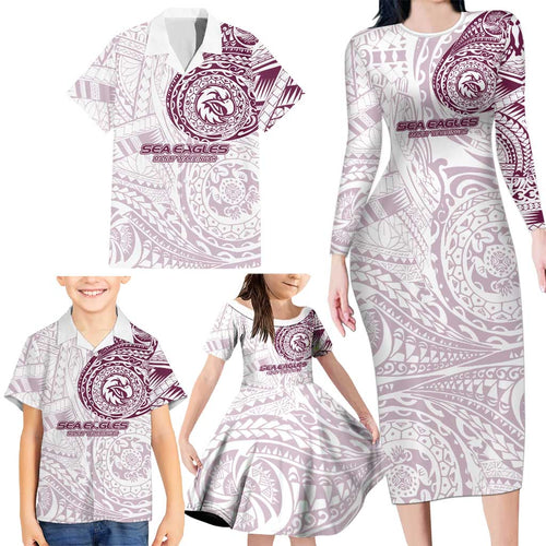 Personalized Manly Warringah Sea Eagles Family Matching Long Sleeve Bodycon Dress and Hawaiian Shirt Polynesian Tribal Chest and Sleeve Tattoo