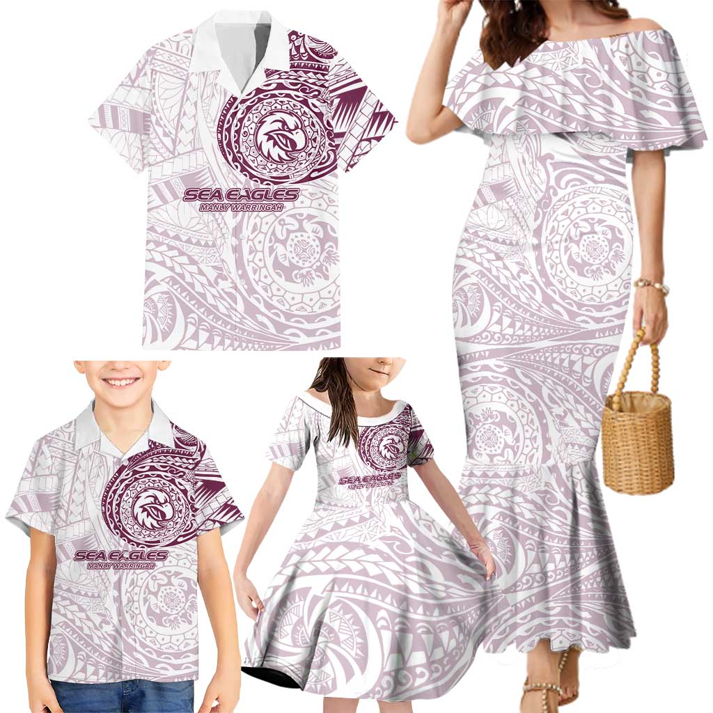 Personalized Manly Warringah Sea Eagles Family Matching Mermaid Dress and Hawaiian Shirt Polynesian Tribal Chest and Sleeve Tattoo