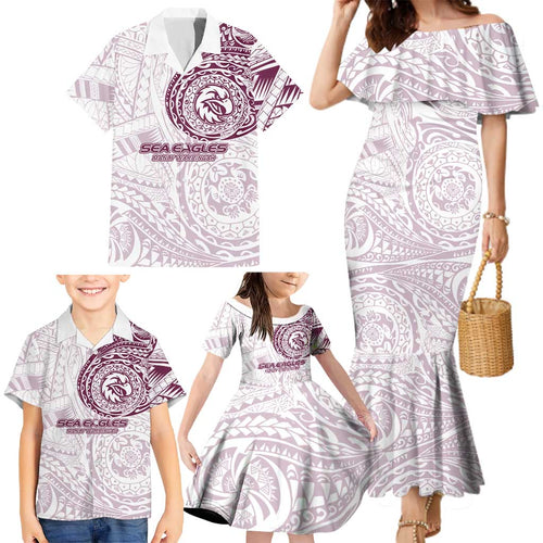 Personalized Manly Warringah Sea Eagles Family Matching Mermaid Dress and Hawaiian Shirt Polynesian Tribal Chest and Sleeve Tattoo