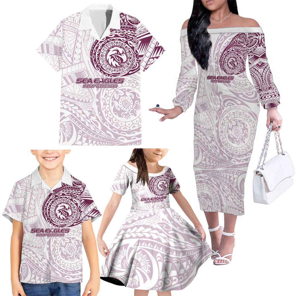 Personalized Manly Warringah Sea Eagles Family Matching Off The Shoulder Long Sleeve Dress and Hawaiian Shirt Polynesian Tribal Chest and Sleeve Tattoo