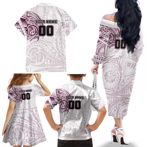 Personalized Manly Warringah Sea Eagles Family Matching Off The Shoulder Long Sleeve Dress and Hawaiian Shirt Polynesian Tribal Chest and Sleeve Tattoo