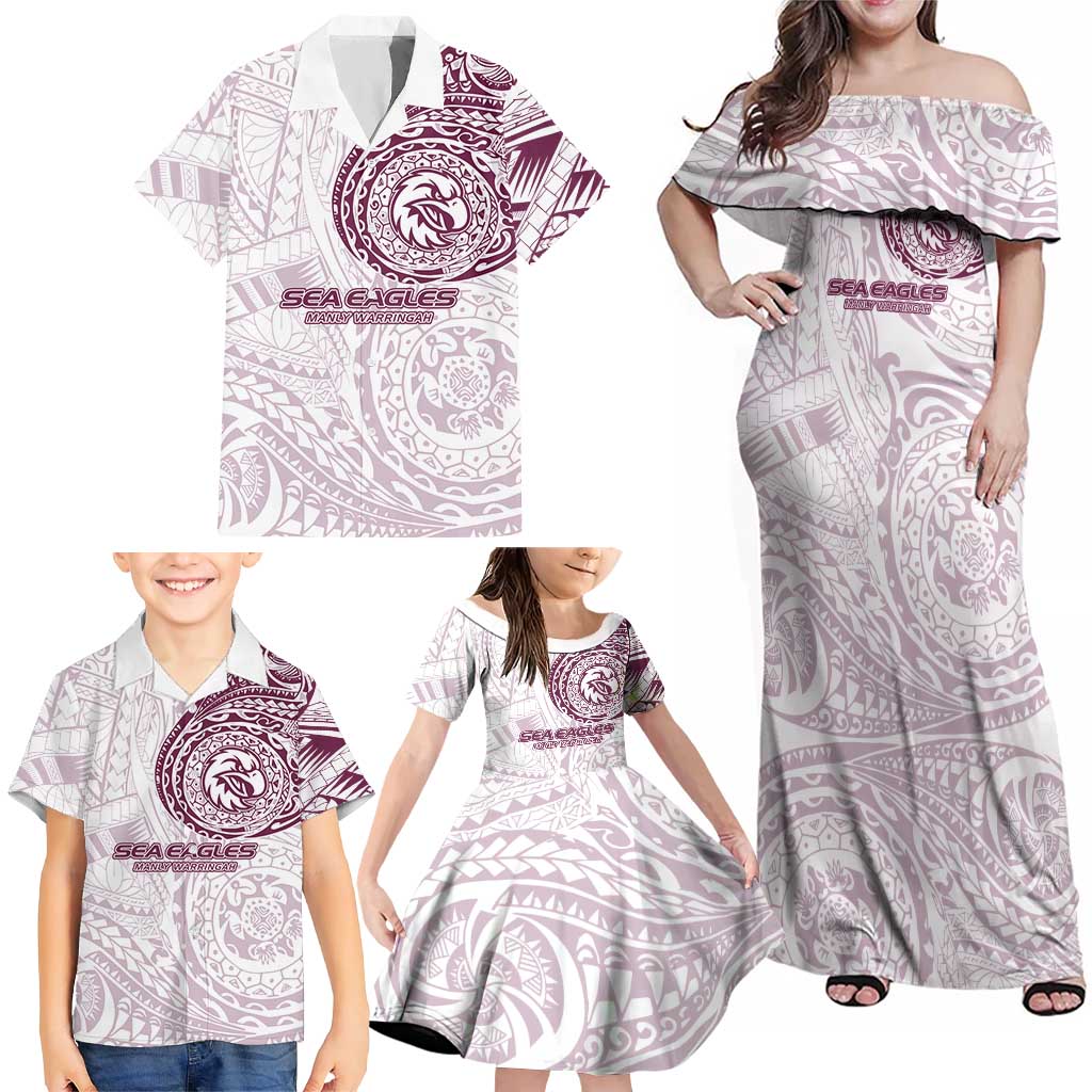 Personalized Manly Warringah Sea Eagles Family Matching Off Shoulder Maxi Dress and Hawaiian Shirt Polynesian Tribal Chest and Sleeve Tattoo