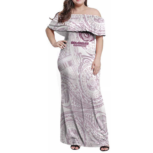 Personalized Manly Warringah Sea Eagles Family Matching Off Shoulder Maxi Dress and Hawaiian Shirt Polynesian Tribal Chest and Sleeve Tattoo