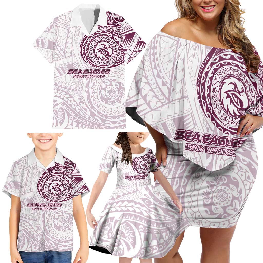 Personalized Manly Warringah Sea Eagles Family Matching Off Shoulder Short Dress and Hawaiian Shirt Polynesian Tribal Chest and Sleeve Tattoo