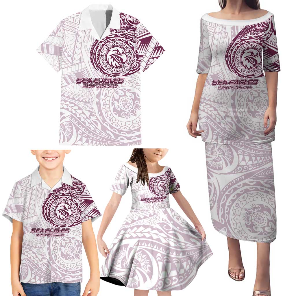 Personalized Manly Warringah Sea Eagles Family Matching Puletasi and Hawaiian Shirt Polynesian Tribal Chest and Sleeve Tattoo