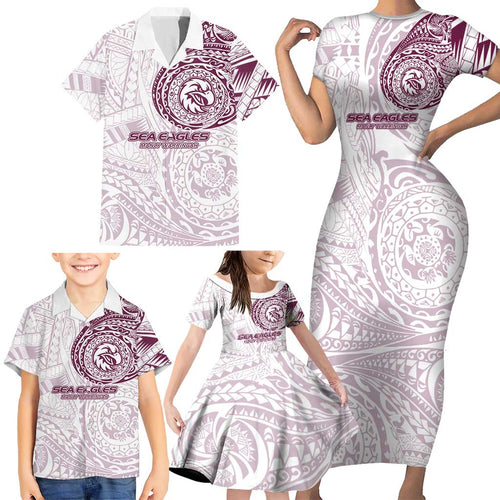Personalized Manly Warringah Sea Eagles Family Matching Short Sleeve Bodycon Dress and Hawaiian Shirt Polynesian Tribal Chest and Sleeve Tattoo