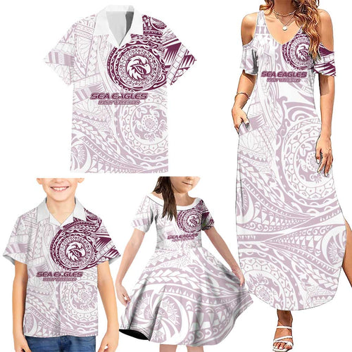 Personalized Manly Warringah Sea Eagles Family Matching Summer Maxi Dress and Hawaiian Shirt Polynesian Tribal Chest and Sleeve Tattoo