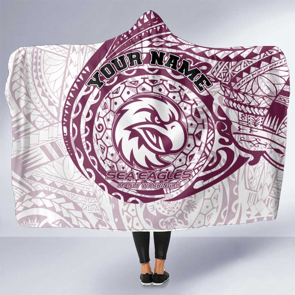 Personalized Manly Warringah Sea Eagles Hooded Blanket Polynesian Tribal Chest and Sleeve Tattoo