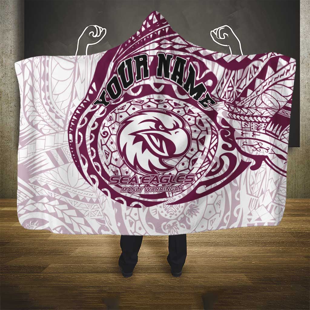 Personalized Manly Warringah Sea Eagles Hooded Blanket Polynesian Tribal Chest and Sleeve Tattoo