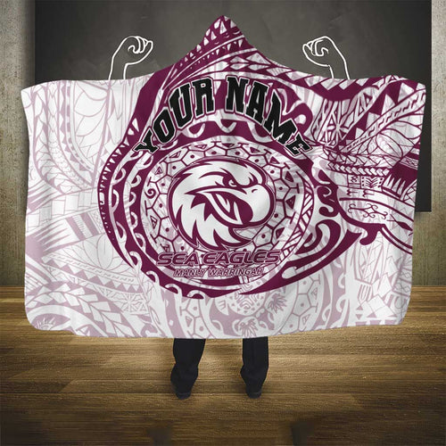 Personalized Manly Warringah Sea Eagles Hooded Blanket Polynesian Tribal Chest and Sleeve Tattoo
