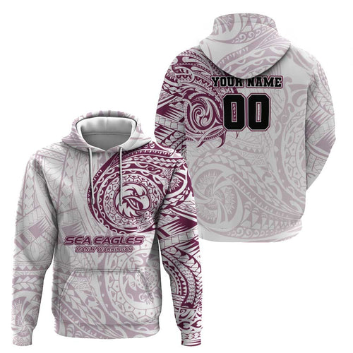 Personalized Manly Warringah Sea Eagles Hoodie Polynesian Tribal Chest and Sleeve Tattoo