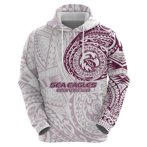 Personalized Manly Warringah Sea Eagles Hoodie Polynesian Tribal Chest and Sleeve Tattoo
