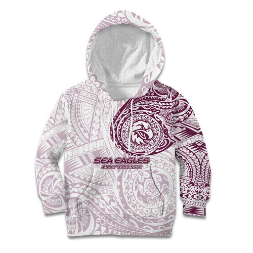 Personalized Manly Warringah Sea Eagles Kid Hoodie Polynesian Tribal Chest and Sleeve Tattoo