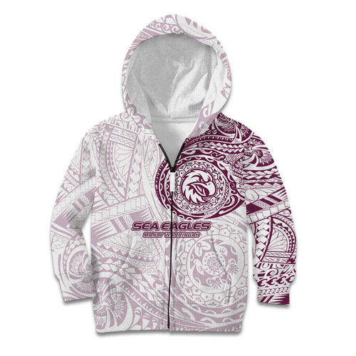 Personalized Manly Warringah Sea Eagles Kid Hoodie Polynesian Tribal Chest and Sleeve Tattoo