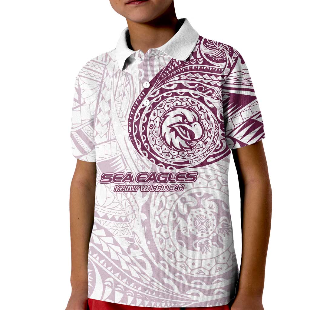 Personalized Manly Warringah Sea Eagles Kid Polo Shirt Polynesian Tribal Chest and Sleeve Tattoo