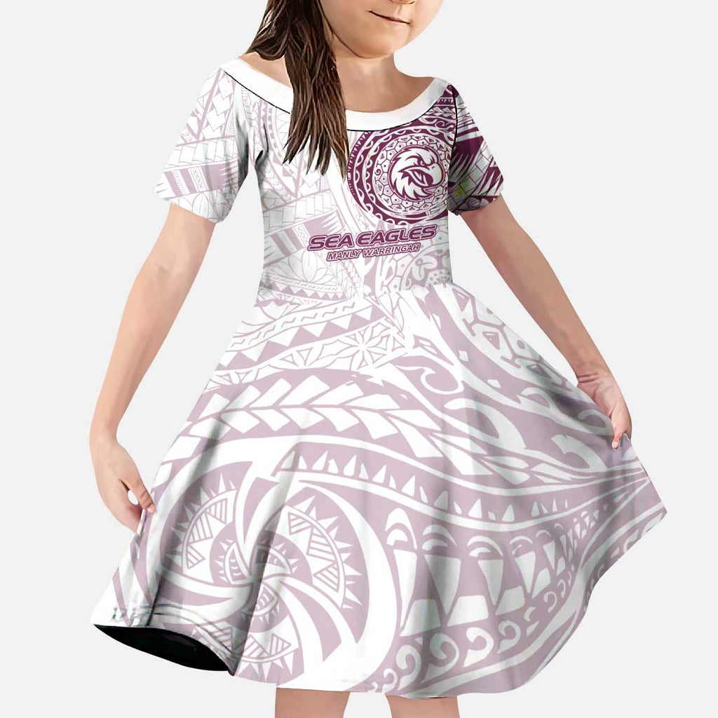 Personalized Manly Warringah Sea Eagles Kid Short Sleeve Dress Polynesian Tribal Chest and Sleeve Tattoo