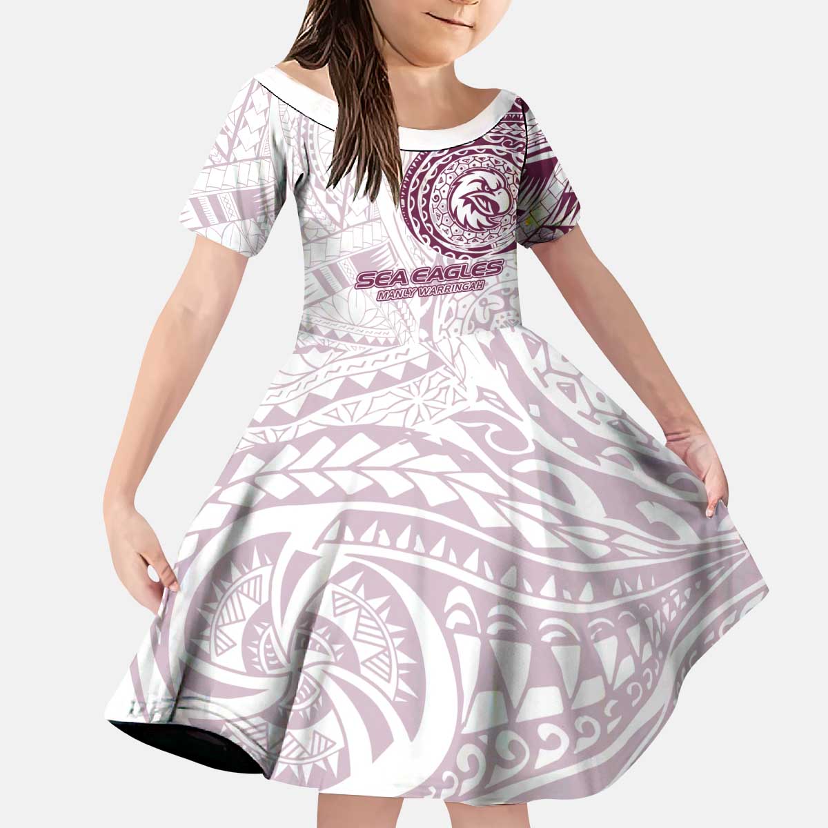 Personalized Manly Warringah Sea Eagles Kid Short Sleeve Dress Polynesian Tribal Chest and Sleeve Tattoo