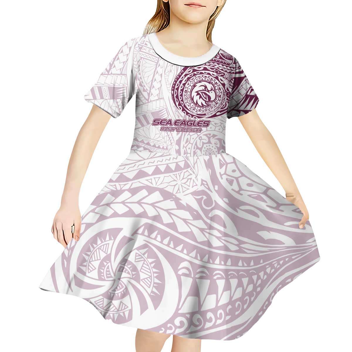 Personalized Manly Warringah Sea Eagles Kid Short Sleeve Dress Polynesian Tribal Chest and Sleeve Tattoo