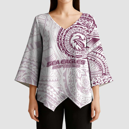 Personalized Manly Warringah Sea Eagles Kimono Sleeve Blouse Polynesian Tribal Chest and Sleeve Tattoo