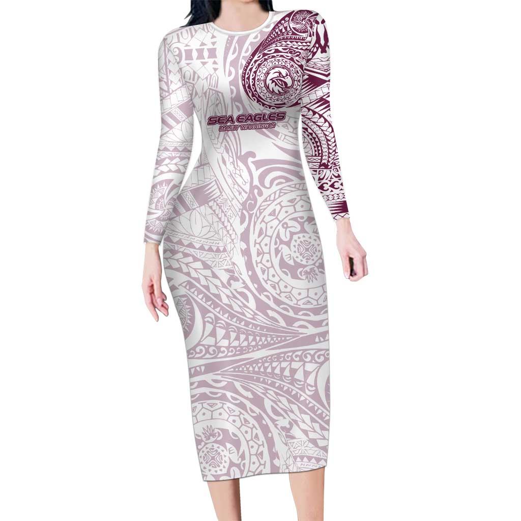Personalized Manly Warringah Sea Eagles Long Sleeve Bodycon Dress Polynesian Tribal Chest and Sleeve Tattoo